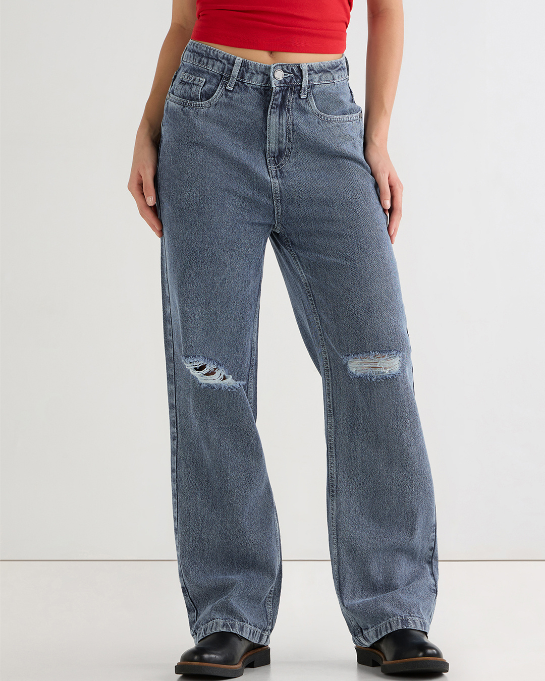 Shop Women's Blue Baggy Straight Fit Distressed Jeans-Back