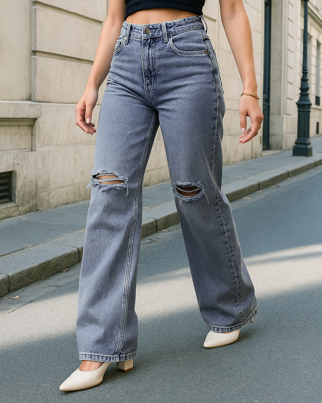 Women's Blue Washed Baggy Straight Fit Distressed Jeans