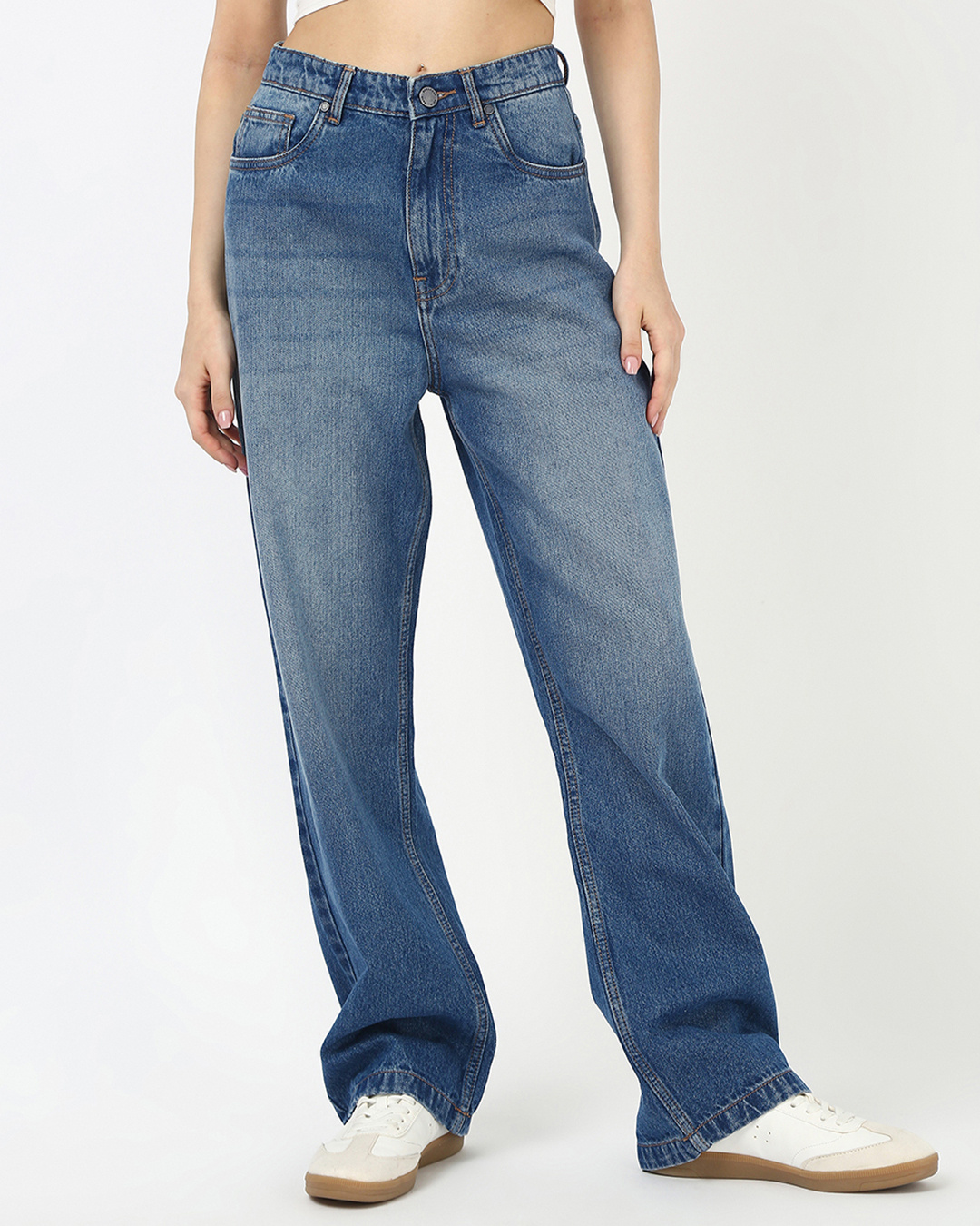 Shop Women's Blue Washed Baggy Straight Fit Jeans-Back