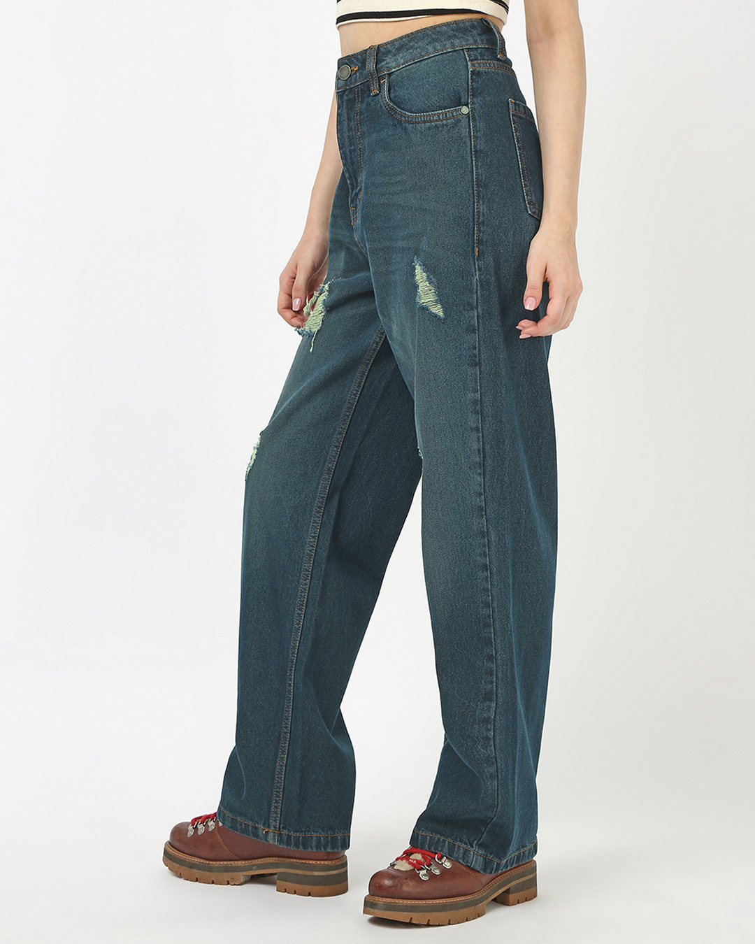 Shop Women's Blue Washed Baggy Straight Fit Distressed Jeans-Back