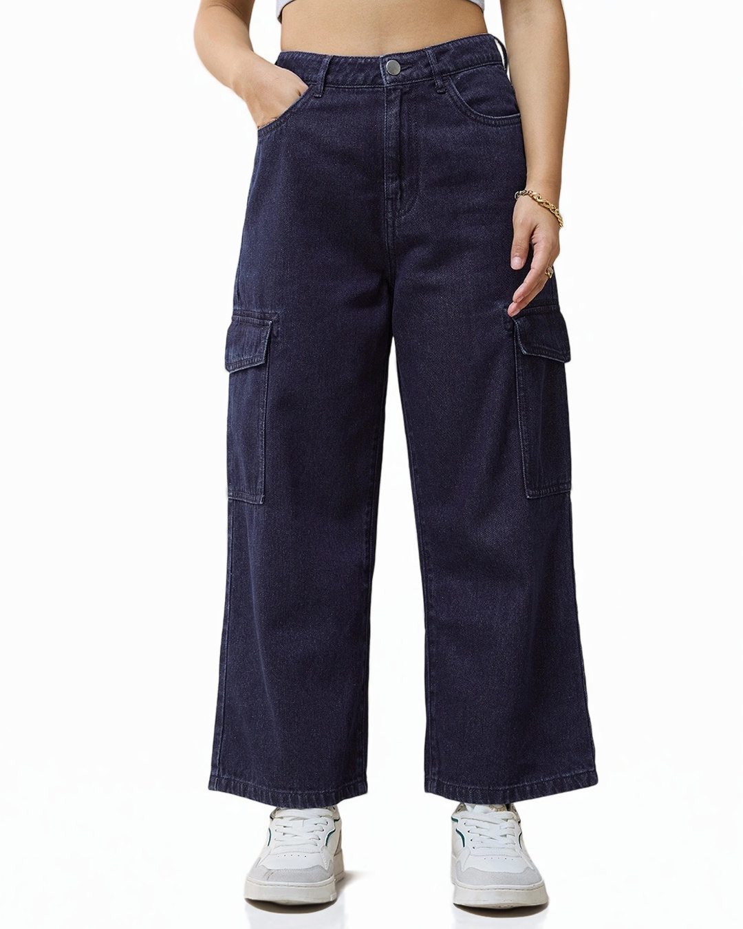 Shop Women's Blue Baggy Stright Fit Cropped Cargo Jeans-Back