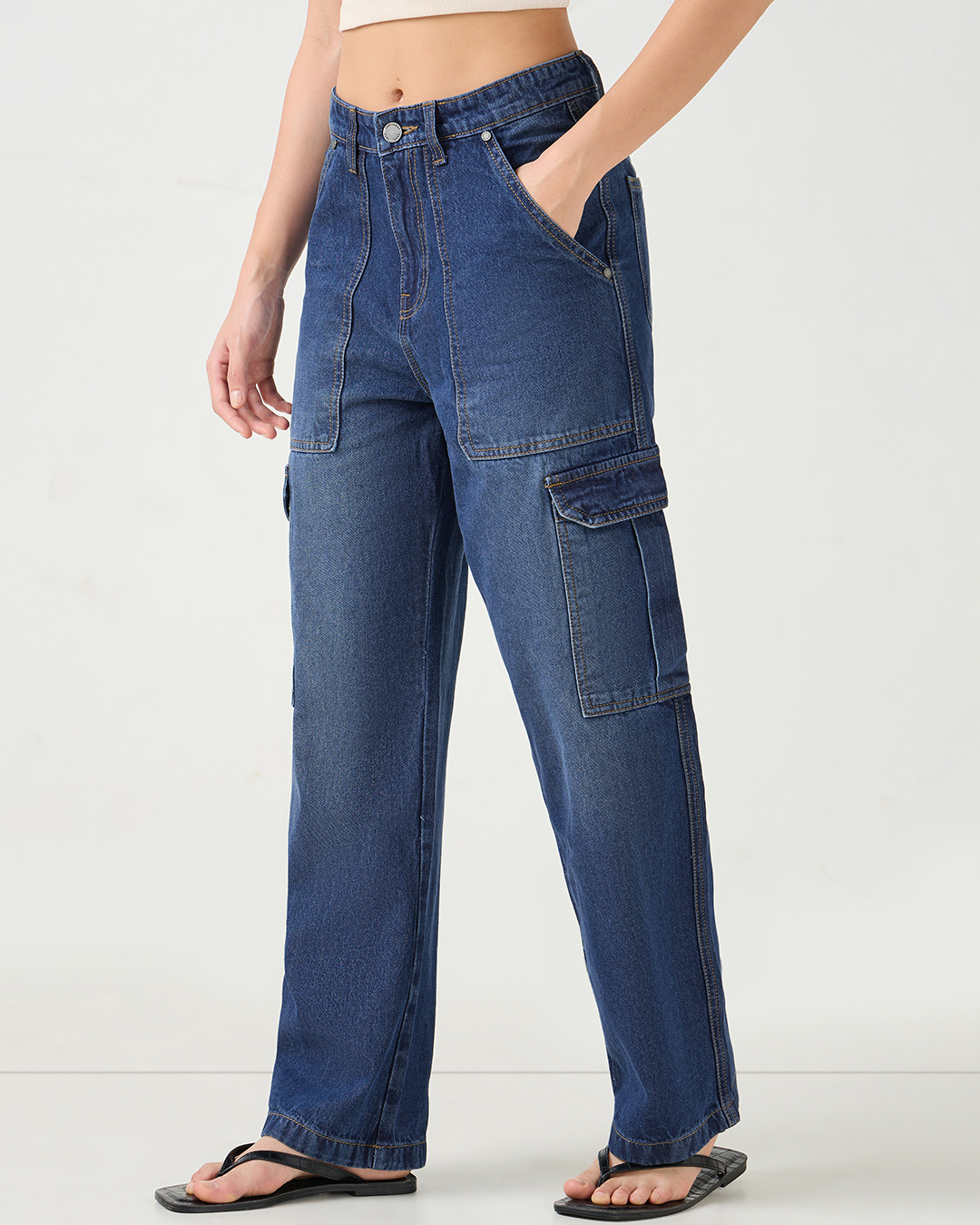 Shop Women's Dark Blue Washed Straight Fit Cargo Jeans-Back