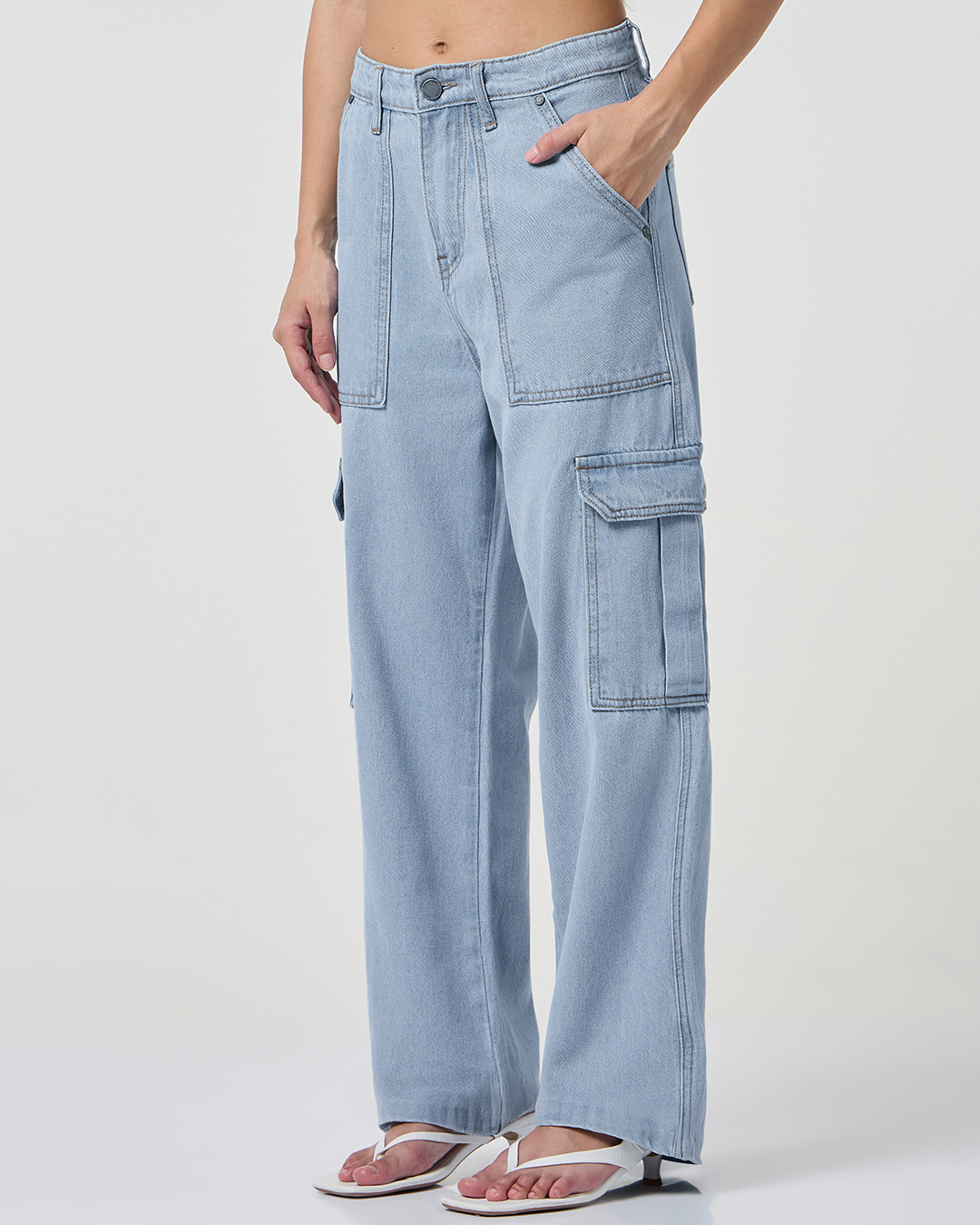 Shop Women's Light Blue Washed Straight Fit Cargo Jeans-Back