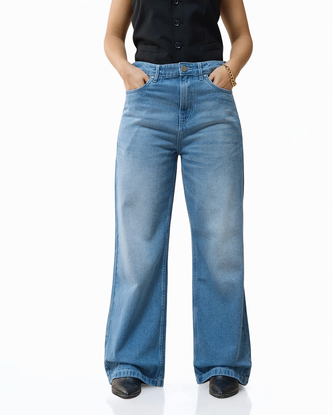 Shop Women's Blue Baggy Wide Leg Jeans-Back