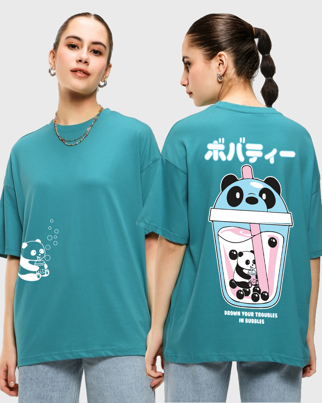 Buy Women's Blue Bubble Panda Graphic Printed Oversized T-shirt Online ...