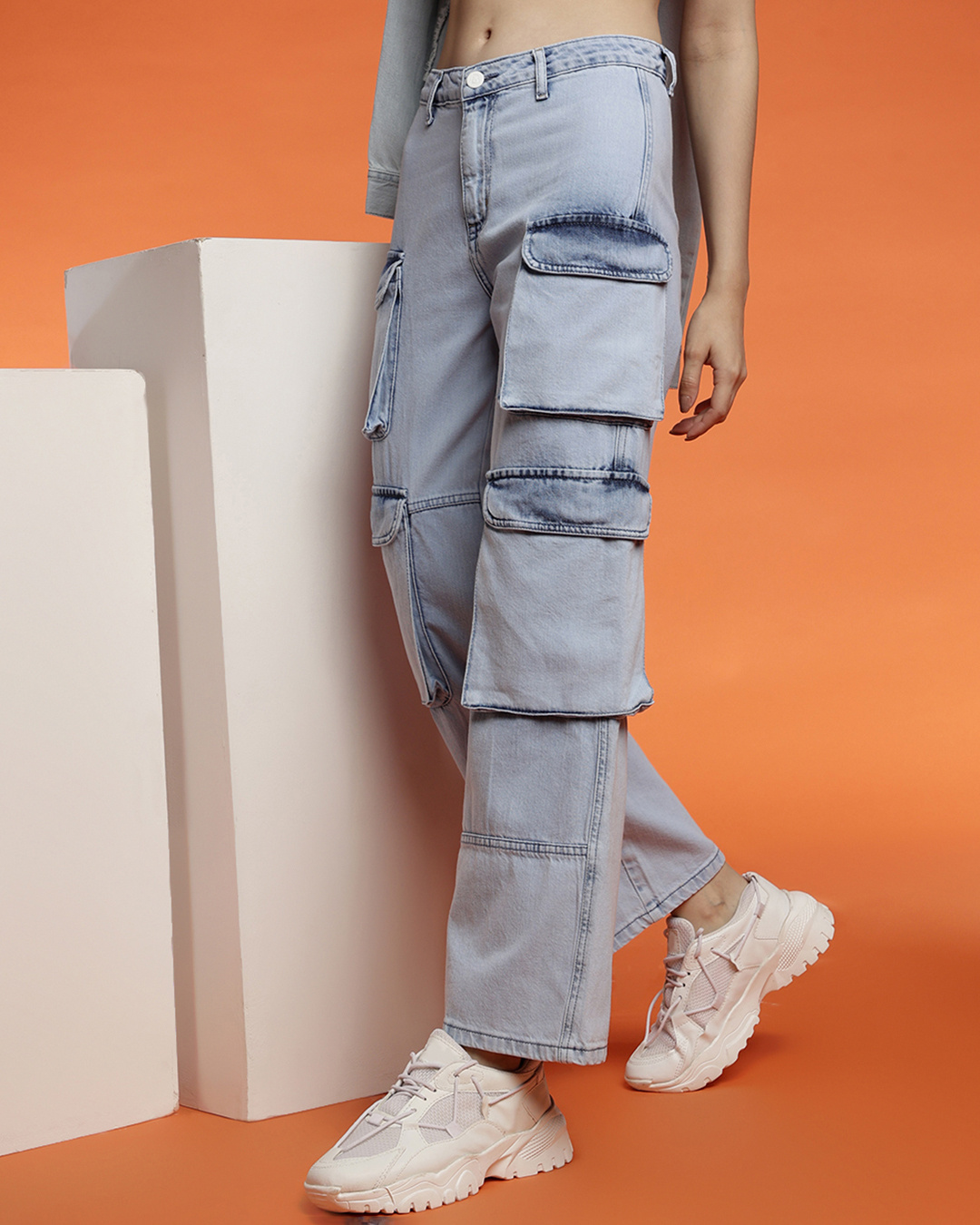 Women Blue Washed Denim Cargo Jeans