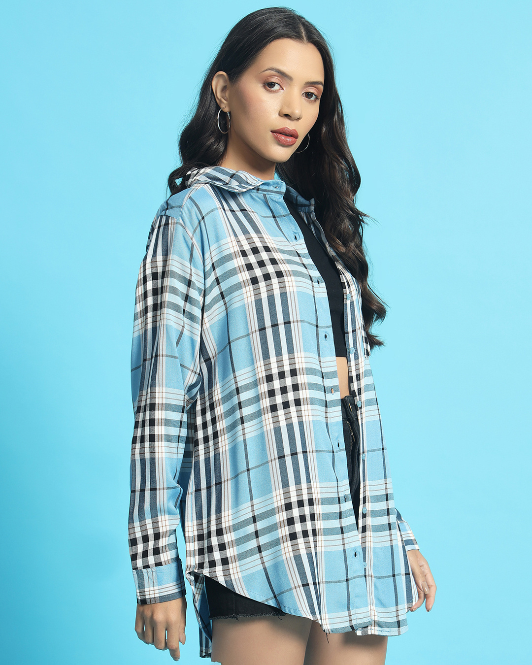 Shop Women's Blue Checked Oversized Shirt-Back