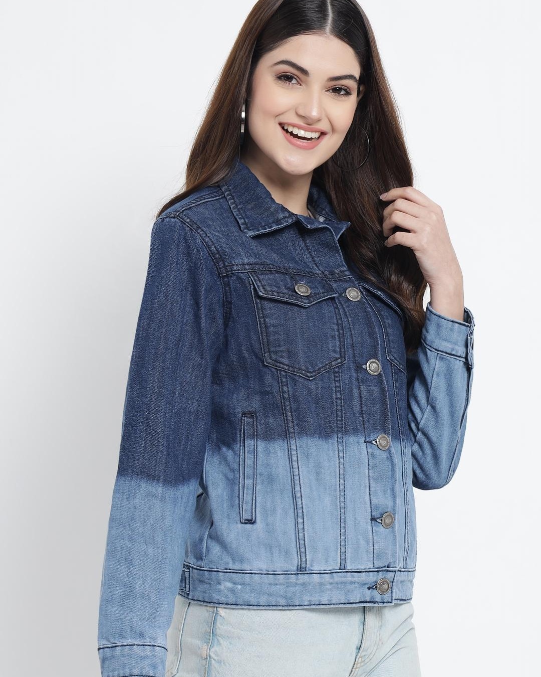 Shop Women's Blue Color Block Denim Jacket-Back