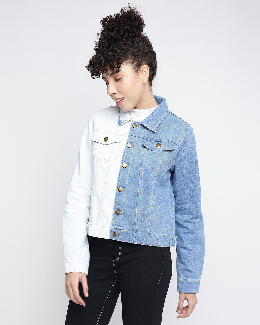 Shop Women's Blue & White Color Block Jacket-Back