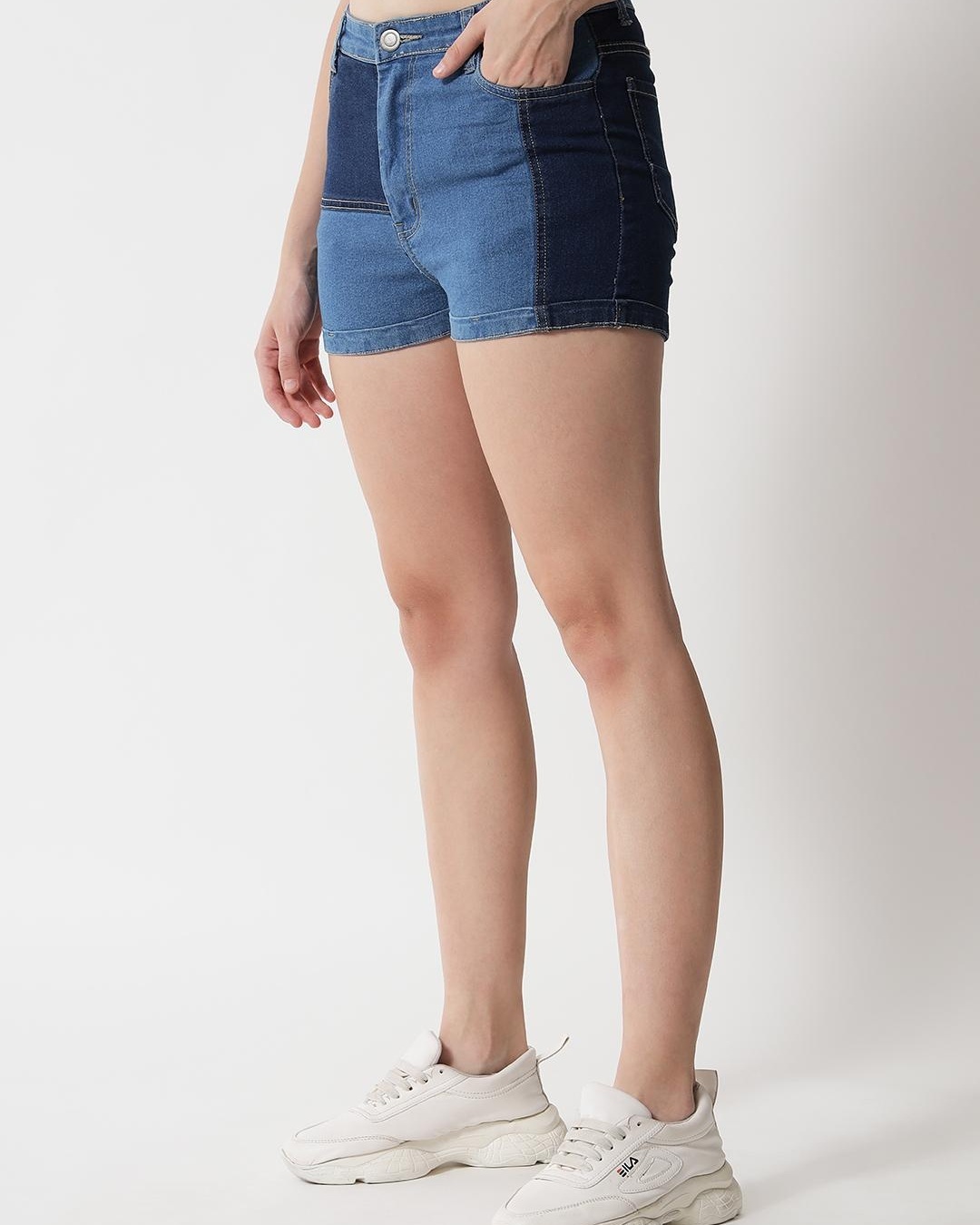 Shop Women's Blue Color Block Denim Shorts-Back