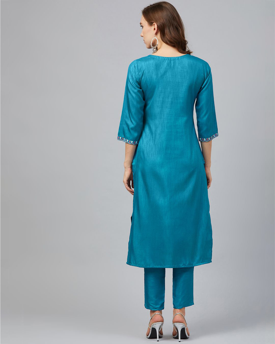 Shop Women's Blue Colour Straight Art Silk Kurta-Back