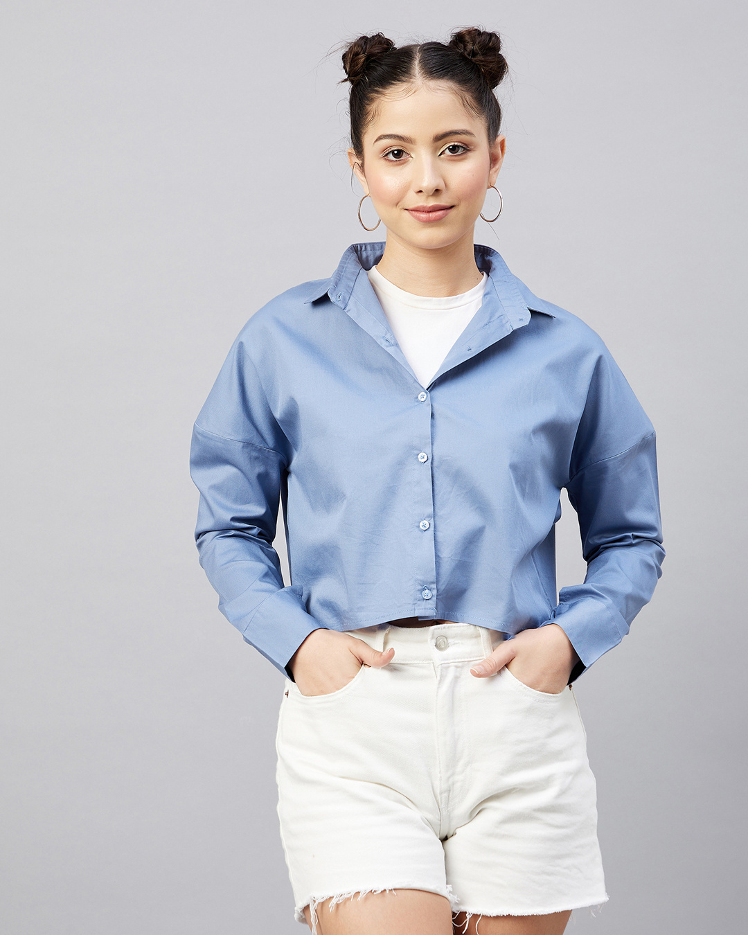 Blue Printed Cropped Shirt