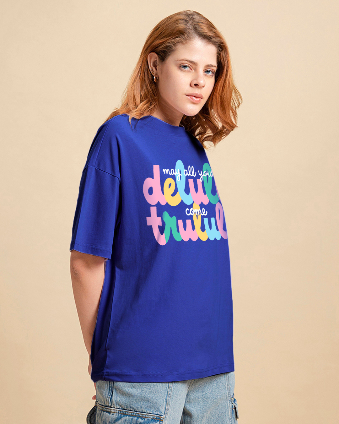 Shop Women's Blue Delulu Come Trululu Graphic Printed Oversized T-shirt-Back