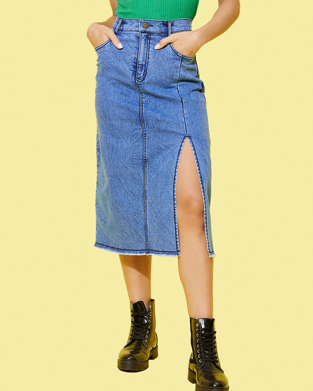 Women's Navy Blue Denim Button-Down Front Slit Skirt