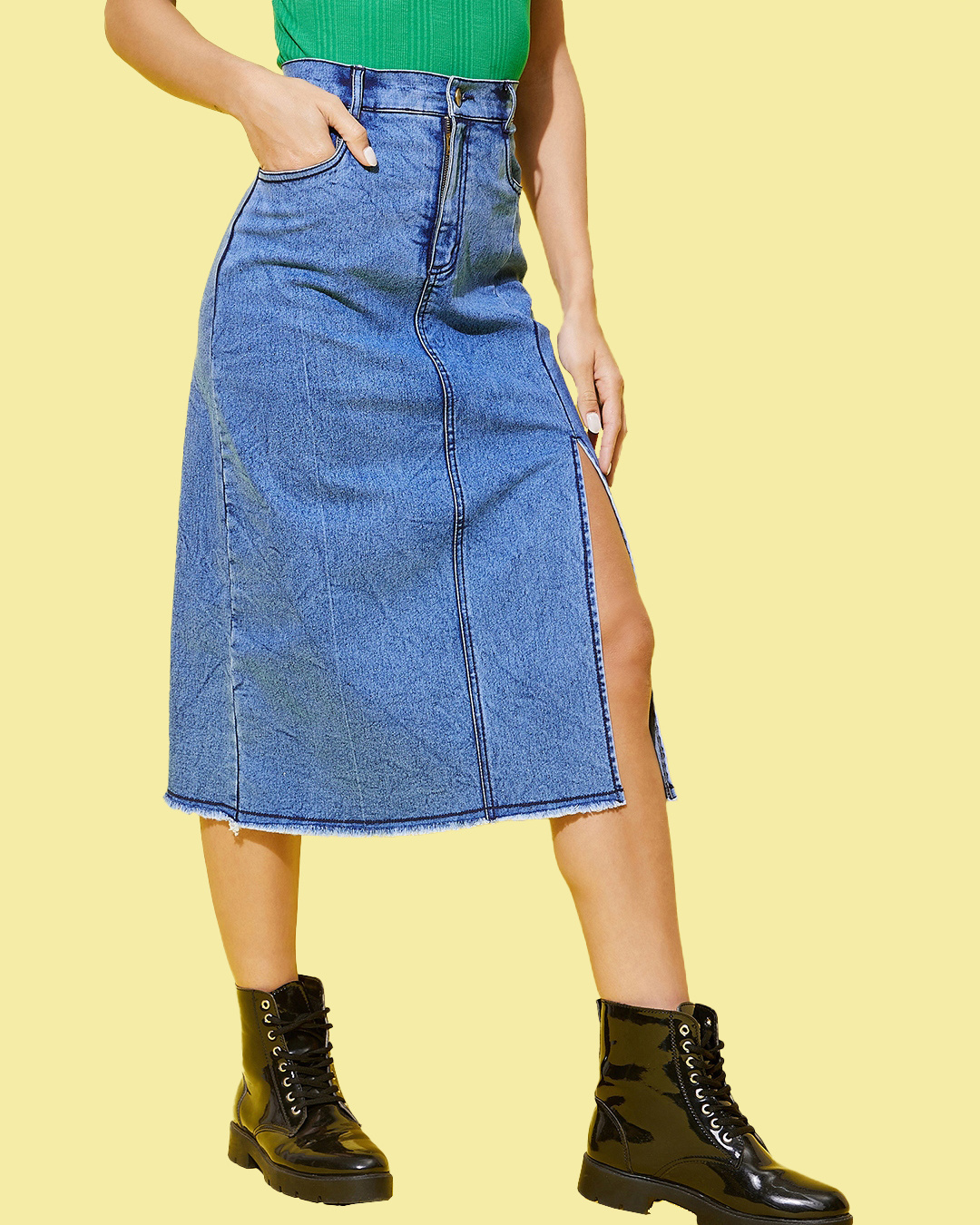 Shop Women's Blue Denim Side Slit Skirts-Back