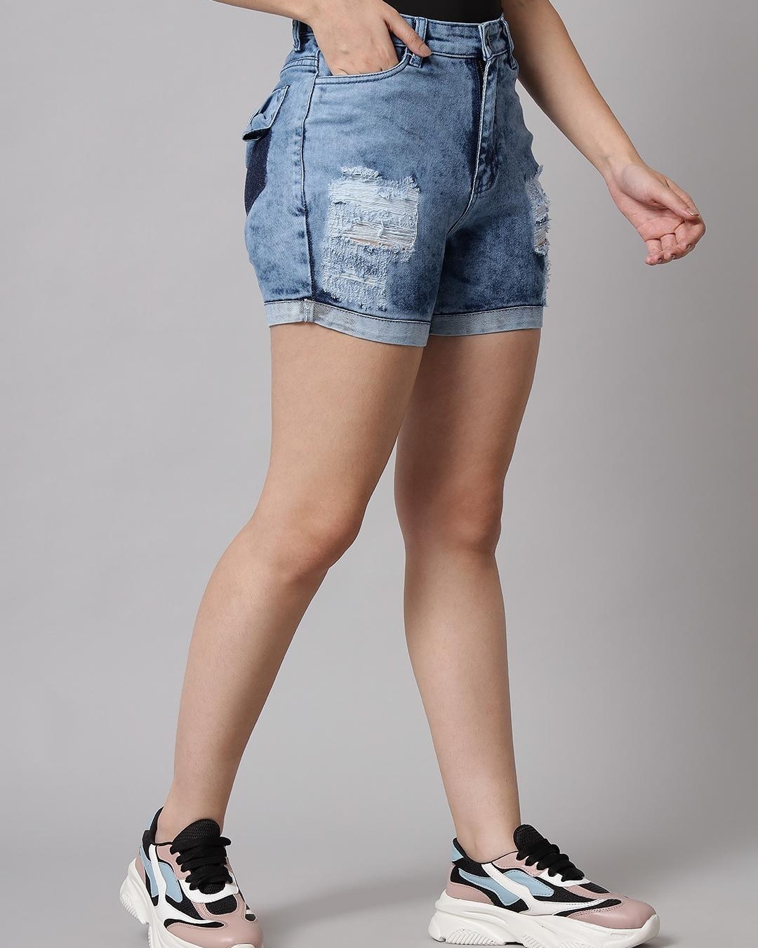 Shop Women's Blue Distressed Denim Shorts-Back