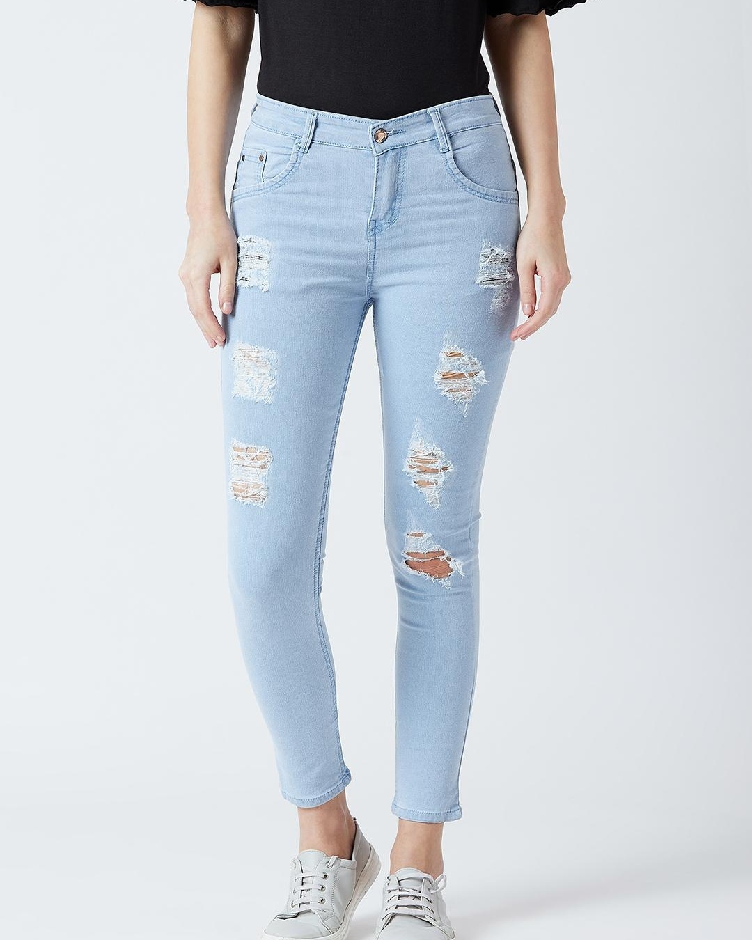 Women Dark Blue Skinny Fit Distressed Denim Jeans main image 0