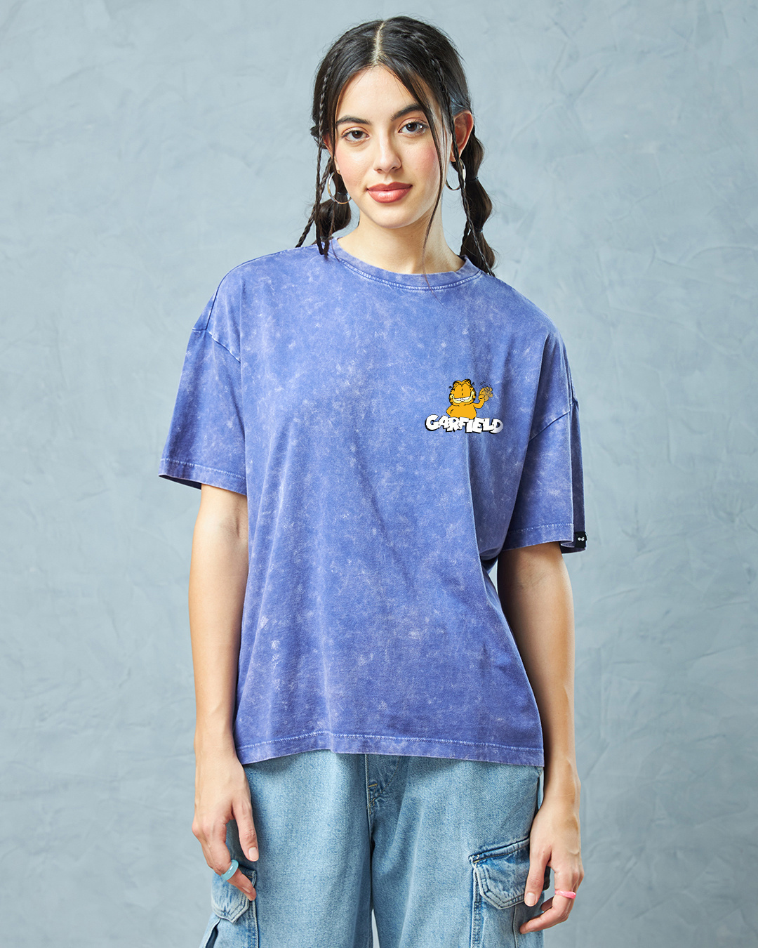 Shop Women's Blue Don't Give a Meow Graphic Printed Oversized Acid Wash T-shirt-Back