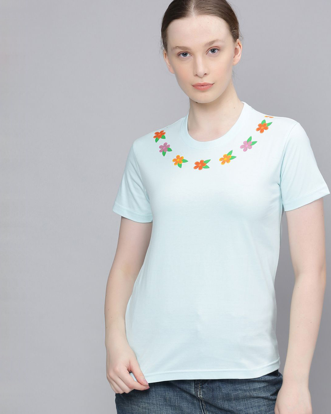 Shop Women's Blue Floral Print T-shirt-Front