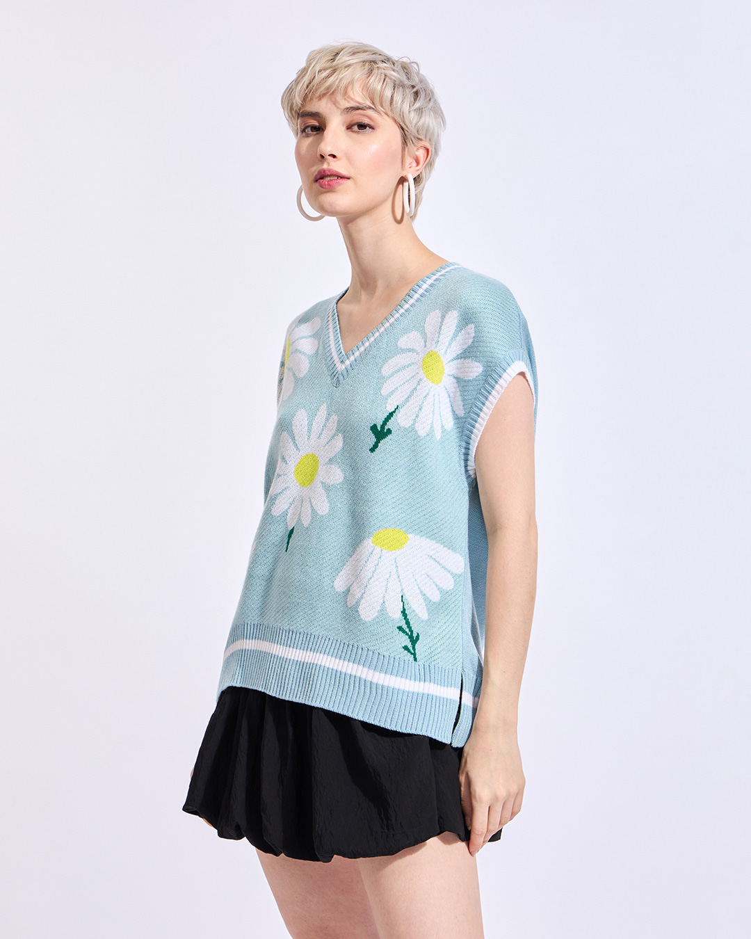 Shop Women's Blue Floral Printed Oversized Sweater-Back