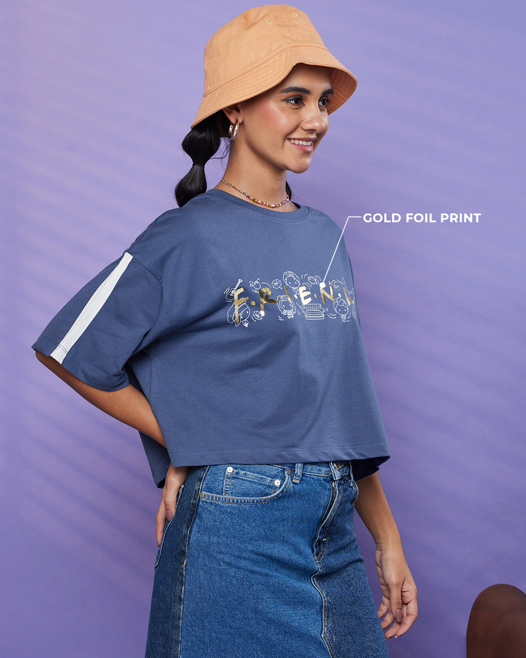 Shop Women's Blue Friends Chibi Logo Graphic Printed Oversized Short Top-Back