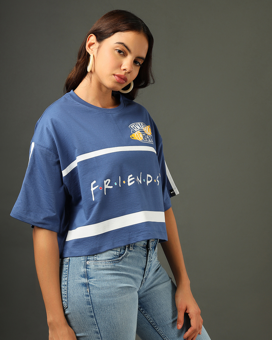 Shop Women's Blue Friends Gang Logo Graphic Printed Oversized Short Top-Back