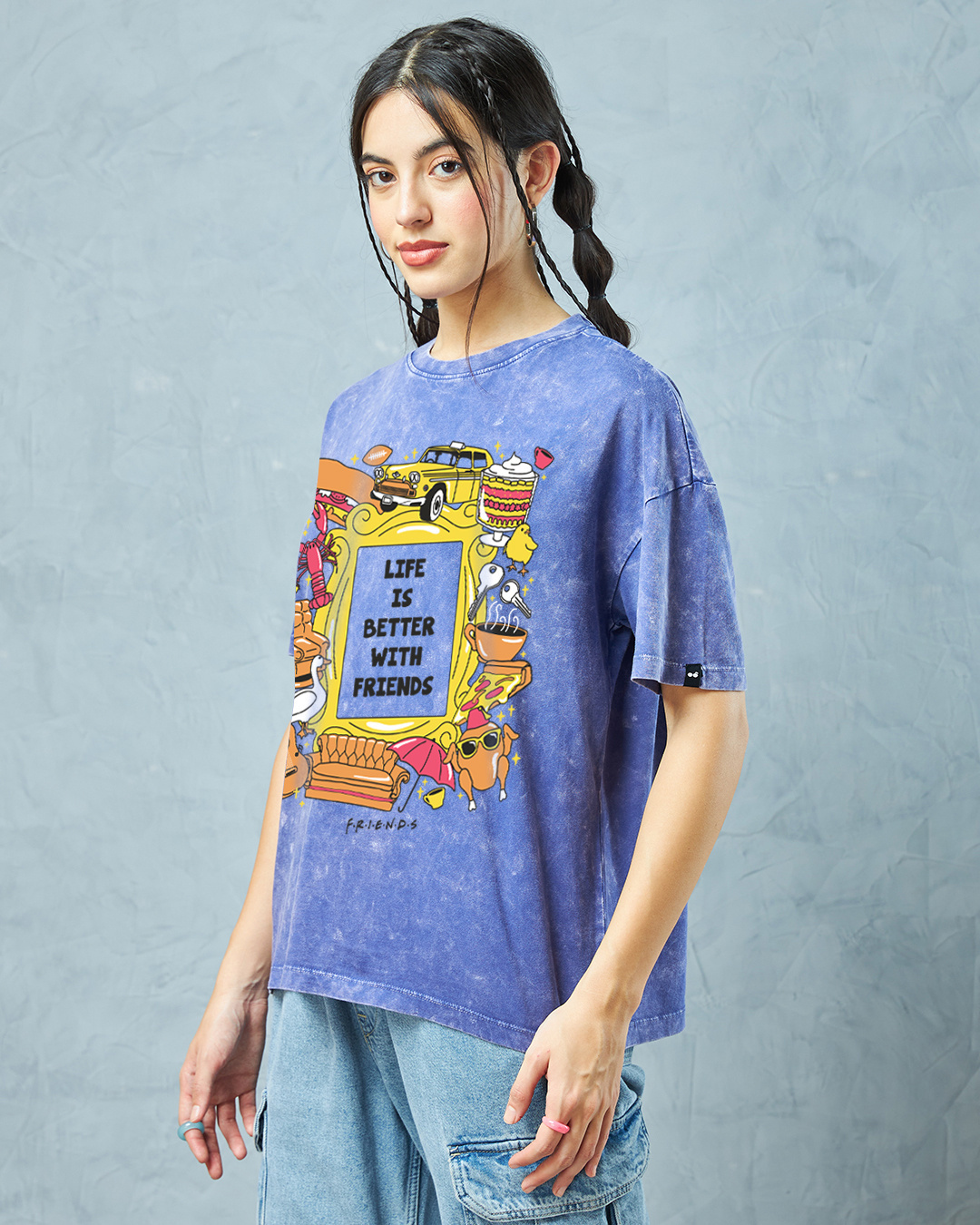 Shop Women's Blue Friends Life Graphic Printed Oversized Acid Wash T-shirt-Back