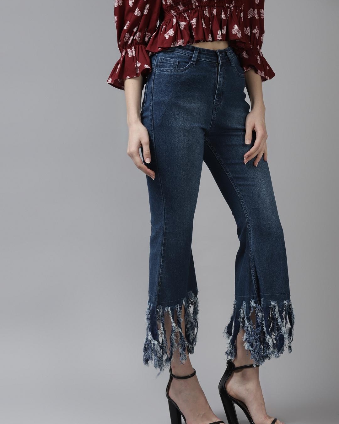 Shop Women's Blue Fringed Hem Jeans-Back