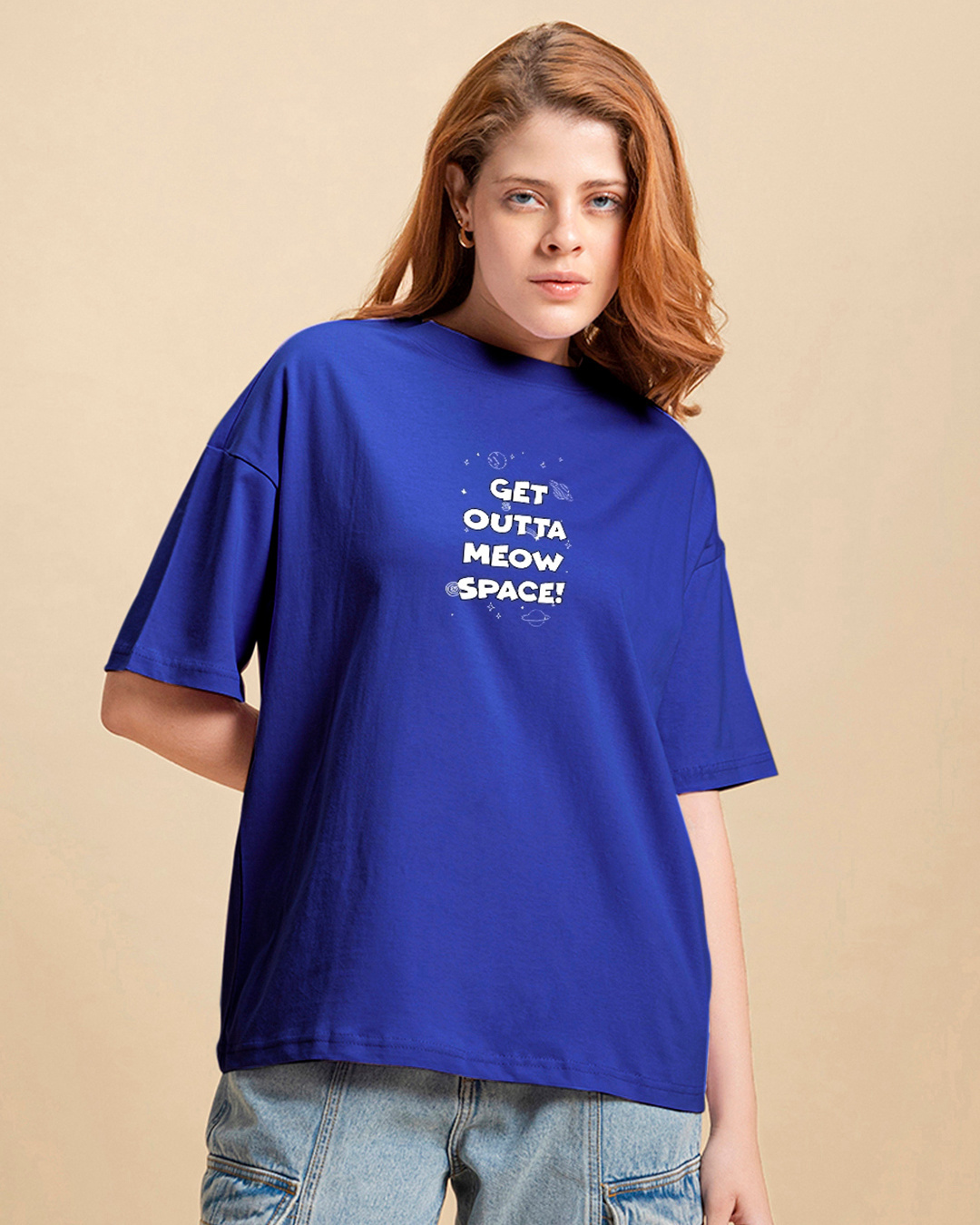 Shop Women's Blue Get Outta My Space Graphic Printed Oversized T-shirt-Back