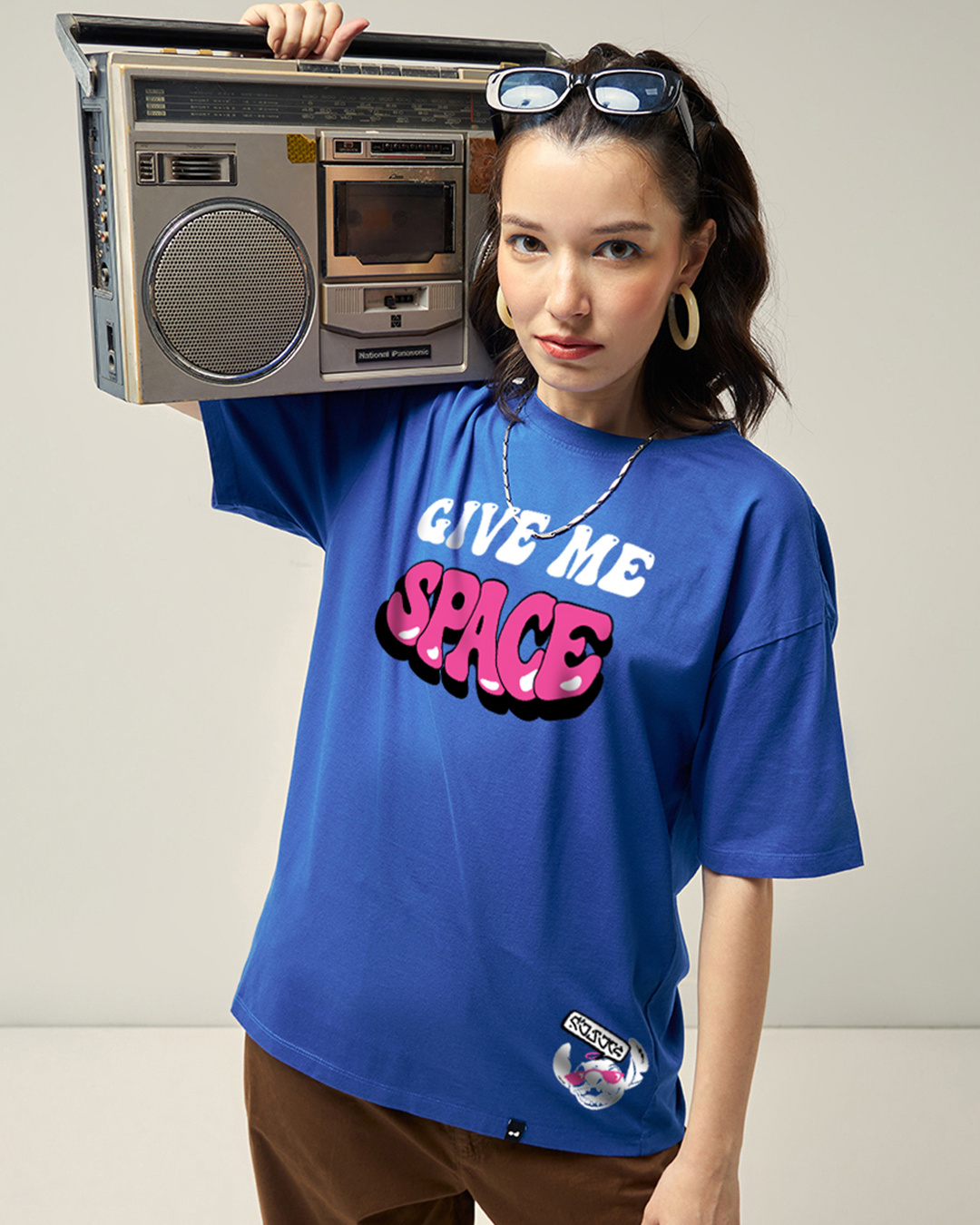 Shop Women's Blue Give me space Graphic Printed Oversized T-shirt-Back