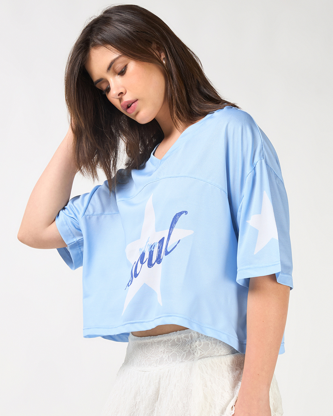 Shop Women's Blue Graphic Printed Oversized Crop Mesh T-shirt-Back