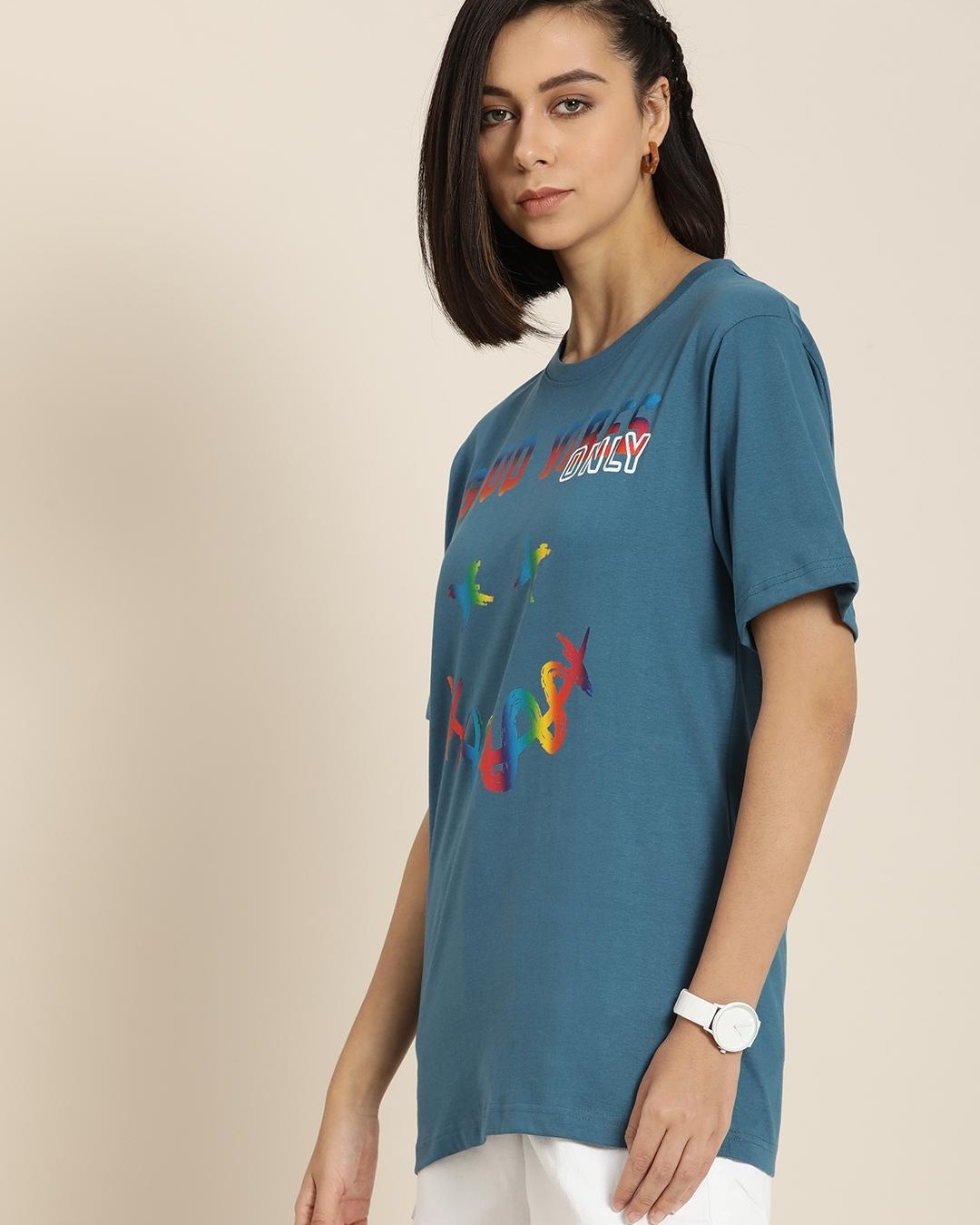 Shop Women's Blue Graphic Printed Oversized T-shirt-Back