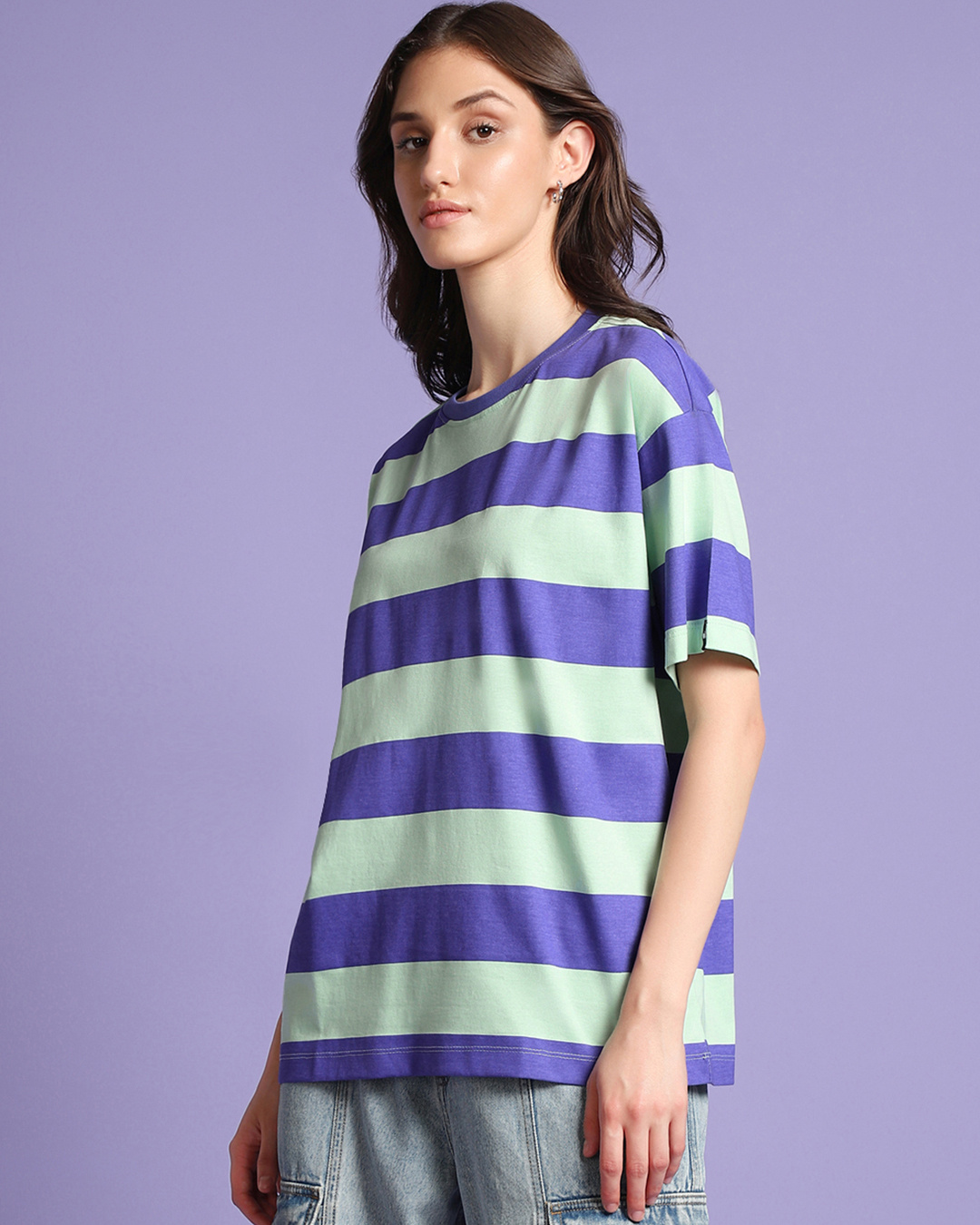 Shop Women's Blue & Green Striped Oversized T-shirt-Back