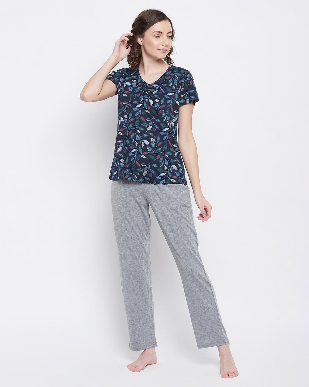 Buy Women's Blue & Grey All Over Leaves Printed Tshirt & Pyjama Set
