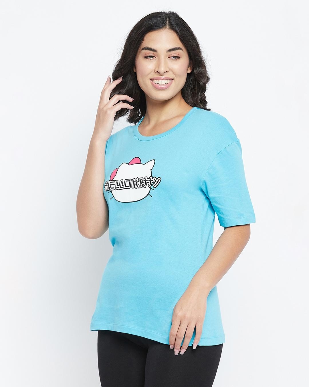 Shop Women's Blue Hello Kitty Typography T-shirt-Back