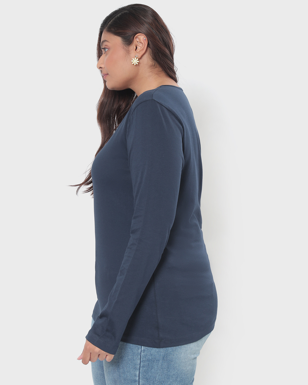 Shop Women's Blue Henley Neck Plus Size Slim Fit T-shirt-Back