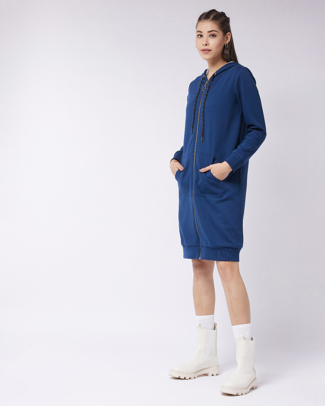 Shop Women's Blue Hooded Long Jacket-Back