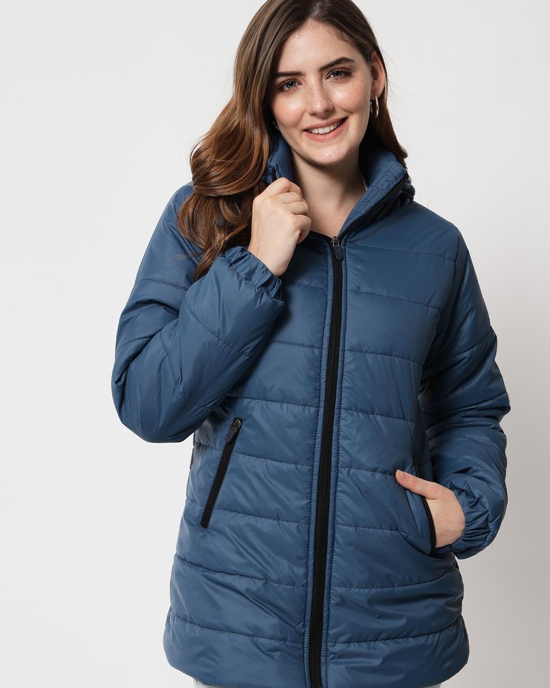 Buy Women's Blue Hooded Puffer Jacket for Women Blue Online at Bewakoof