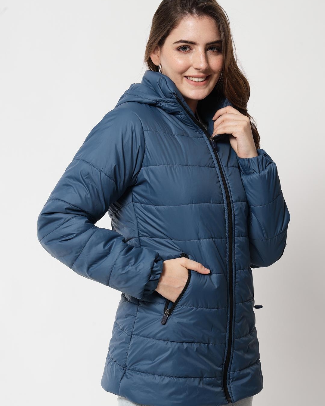 Shop Women's Blue Hooded Puffer Jacket-Back