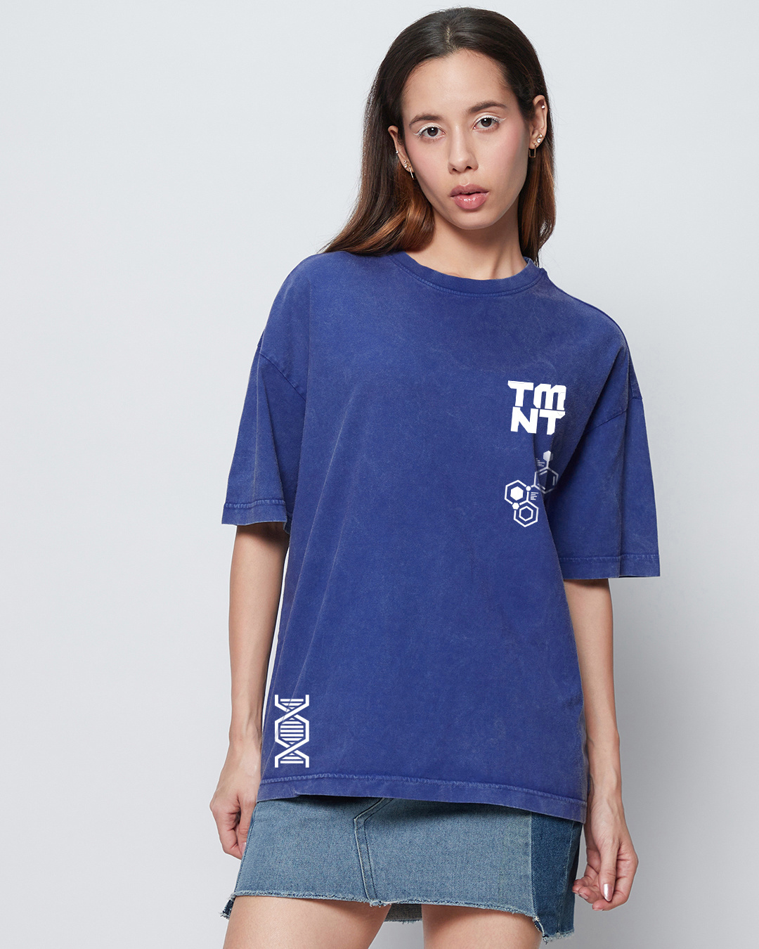 Shop Women's Blue Inner Ninja Graphic Printed Acid Wash Oversized T-shirt-Back