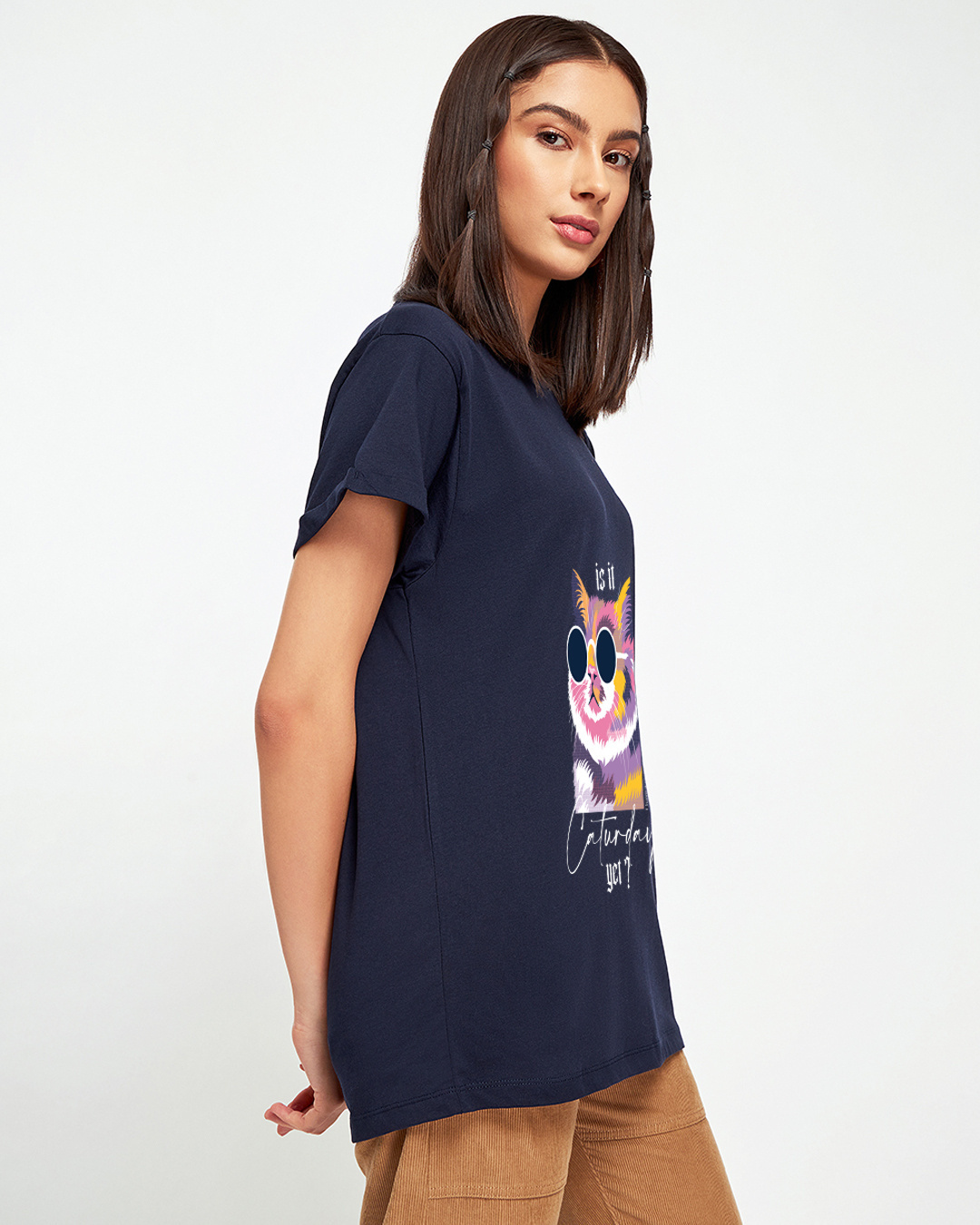 Shop Women's Blue Is It Caturday Graphic Printed Boyfriend T-shirt-Back