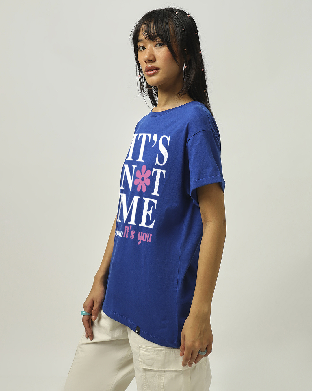 Shop Women's Blue Its Not Me Typography Boyfriend T-shirt-Back