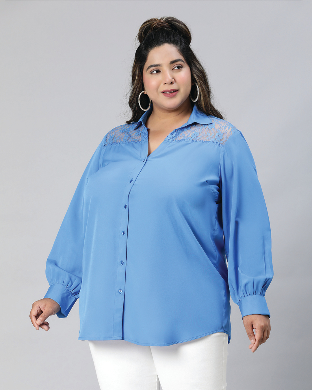 Shop Women's Blue Lace Detailed Plus Size Shirt-Back