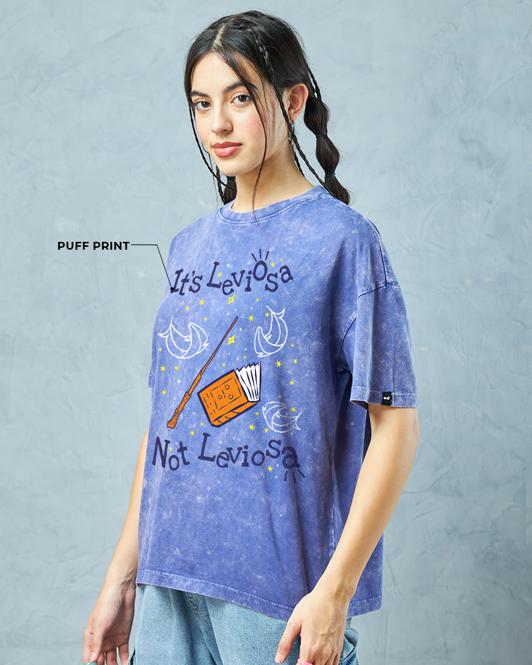 Shop Women's Blue Leviosa Graphic Printed Oversized Acid Wash T-Shirt-Back