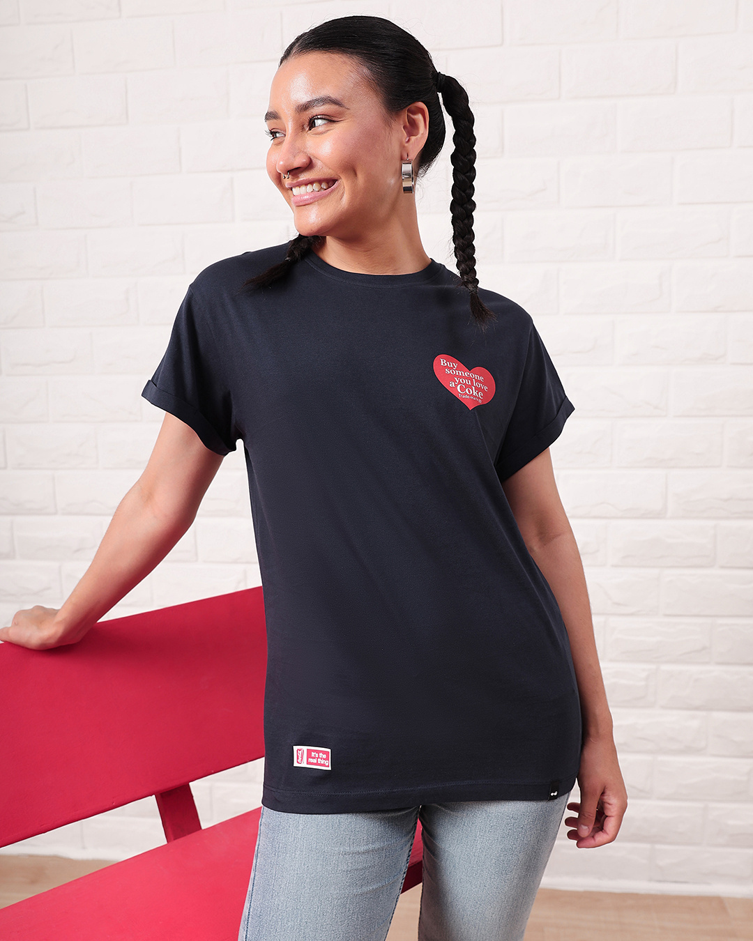 Shop Women's Blue Love Coke Graphic Printed Boyfriend T-shirt-Back