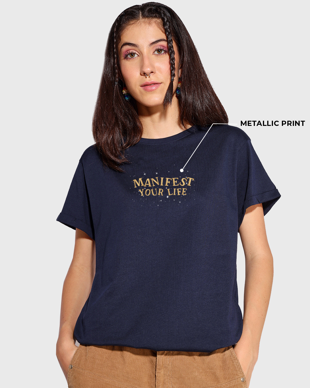Shop Women's Blue Manifest Your Life Graphic Printed Boyfriend T-shirt-Back