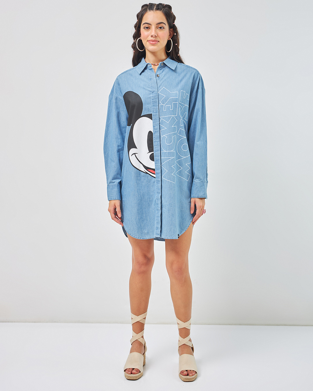 Shop Women's Blue Mickey Graphic Printed Super Loose Fit Shirt Dress-Back