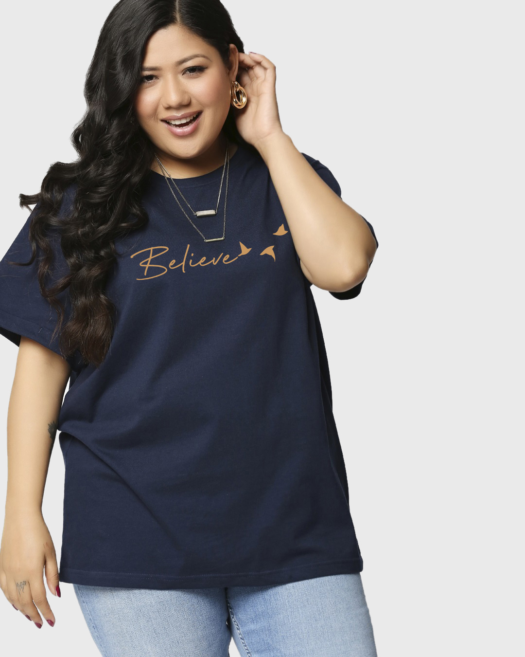 Buy Women's Blue Minimal Believe Graphic Printed Plus Size Boyfriend T