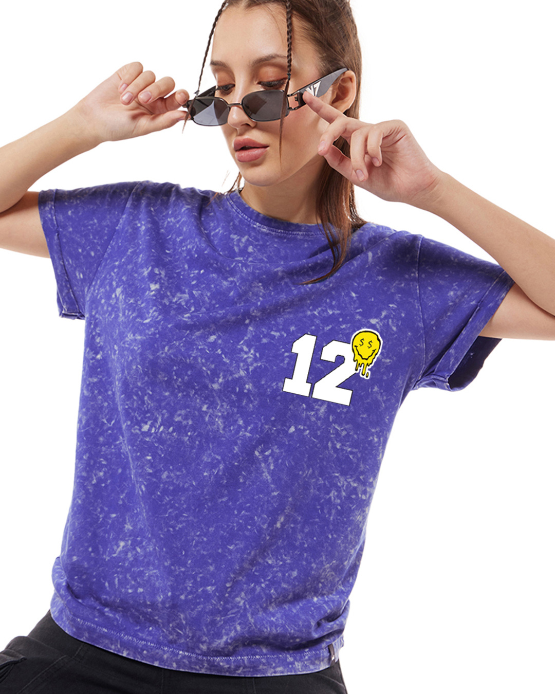 Shop Women's Blue Money is the Motive Graphic Printed Boyfriend Acid Wash T-shirt-Back