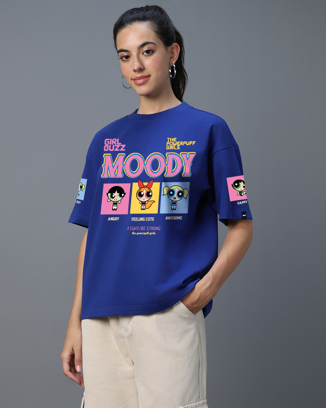 Shop Women's Blue Moody Powerpuff Girls Graphic Printed Oversized T-shirt-Back